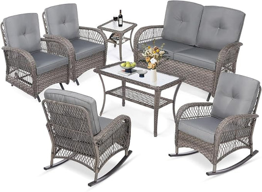 MEETWARM 7-Piece Outdoor Patio Conversation Set with Glider Loveseat, 4 Chairs, 2 Glass-Top Coffee Tables and Wicker Rocking Glider - Thickened Cushions, Gray