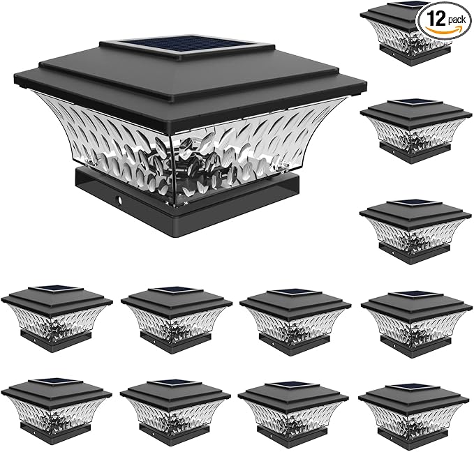 HUYIENO Solar Post Cap Lights Outdoor LED Lighting Deck Fence Cap Light Two Light Modes Warm White/Bright White Suitable for 4x4 Wooden Posts (Black, 12pk)