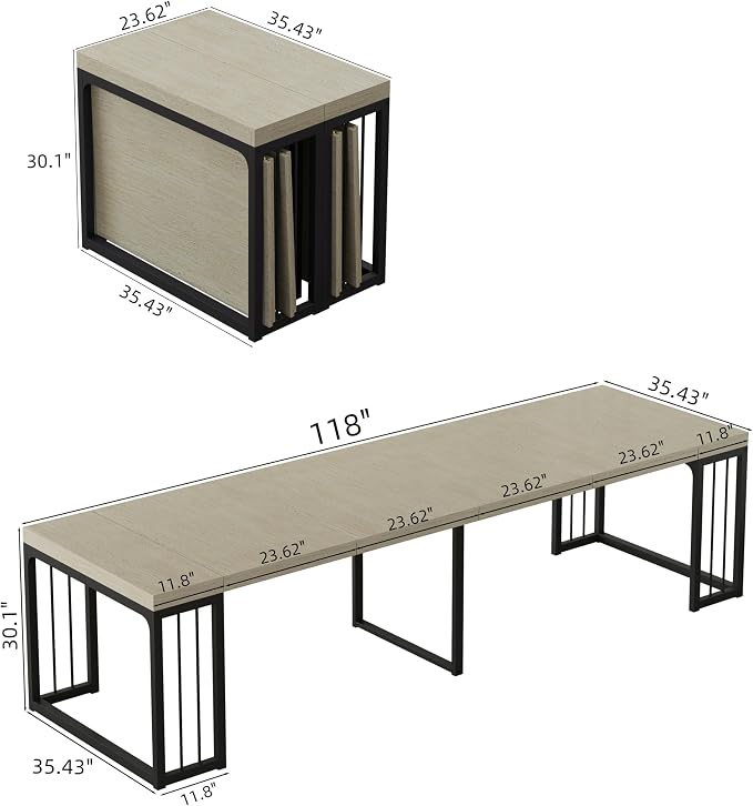 23.6" - 118" Extendable Dining Room Table, Modern Extra Long Folding Dining Tables for 2-10 People, Outdoor Patio Furniture Set, Adjustable Kitchen Dinner Table, Ancient White