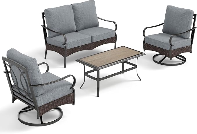 PHI VILLA Outdoor Porch Furniture Set, Upgraded Wicker & Metal Deep Seating Patio Furniture Conversation Set with Waterproof Thick Cushions for Balcony, Yard (4 Pieces,Grey)