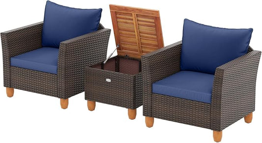 Tangkula 3-Piece Patio Furniture Set, Patiojoy Outdoor PE Wicker Bistro Set with Soft Cushions and Solid Acacia Wood, Outdoor Conversation Set with Porch, Balcony and Garden (Navy)