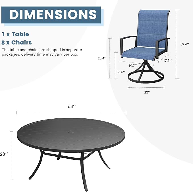 DIFY 9 Piece Outdoor Patio Dining Set for 8, 63" Black Round Metal Dining Table and Swivel Patio Chairs with Blue Padded Textilene, All-Weather Outdoor Furniture Set for Garden Backyard Porch