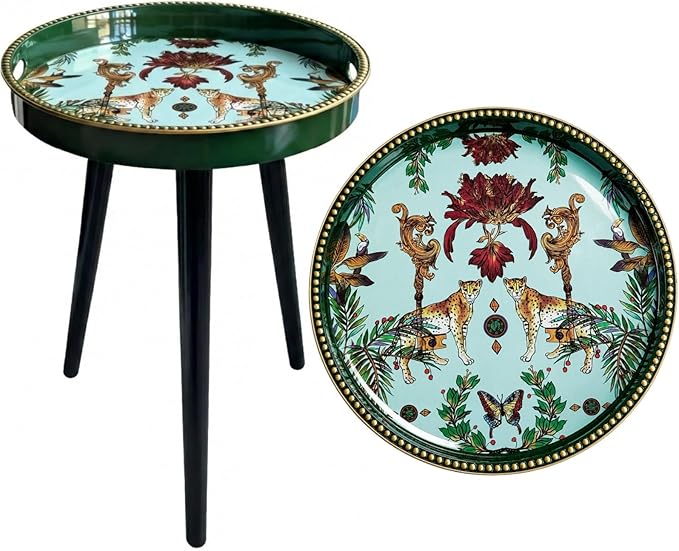 Small Round Side Table - 13 Inch Emerald Green Boho End Table with Vintage Cheetah Pattern Tray - Unique Tropical Accent Table with Moisture-Resistant Wrapped Legs for Living Room & Bedroom