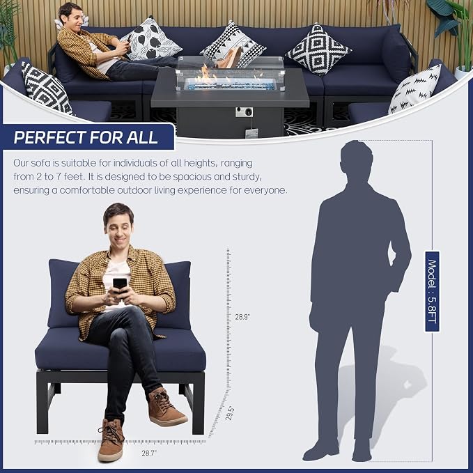 BULEXYARD 9 Piece Large Modern Aluminum Outdoor Patio Furniture Set with Fire Pit Table, 29 inch Wide Deep Seat, Rust Proof Comfy Sectional Sofa, 500 lbs Sturdy Front Yard Conversation Set, Navy Blue