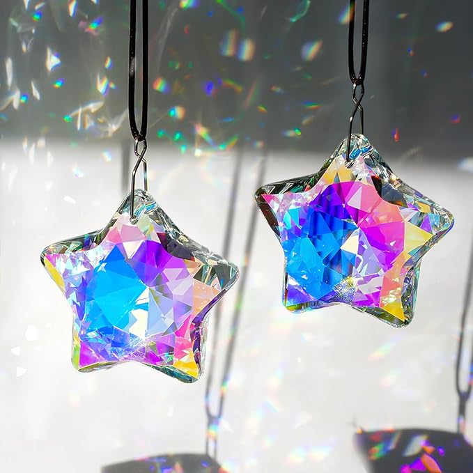 2 Pcs 2 Inch AB Crystal Star Prism Suncatcher Window Hanging Decor | Handmade AB Coating Crystal Star Prism Suncatcher Rainbow Pendants Set of 2 for Window Garden Home Office Christmas Decor