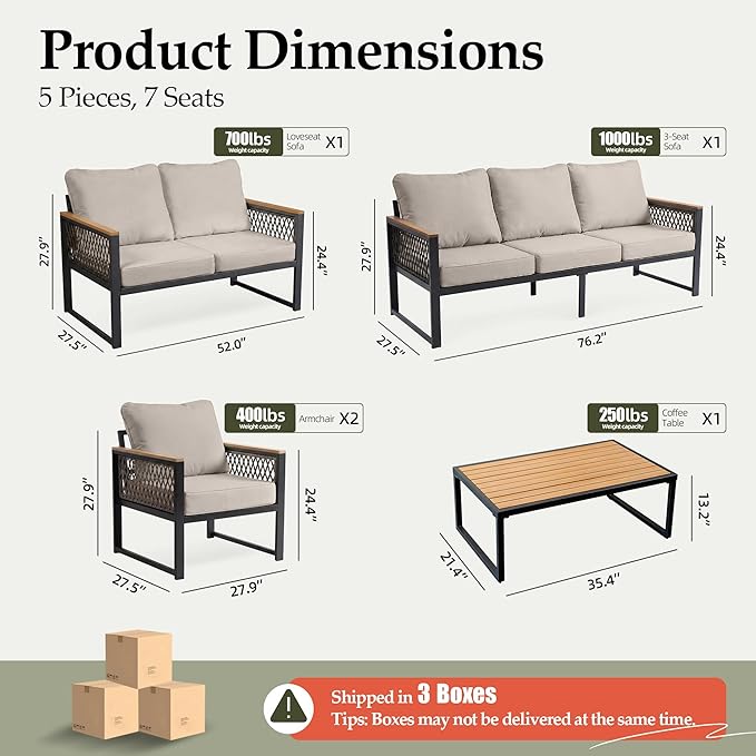 UPHA 5 Pieces Patio Furniture Set, Metal Outdoor Sectional Couch Set with Loveseat & 3-Seat Sofa, 2 Chairs, Coffee Table, Modern Patio Conversation Set for Porch Balcony Deck, 7 Seats, Beige