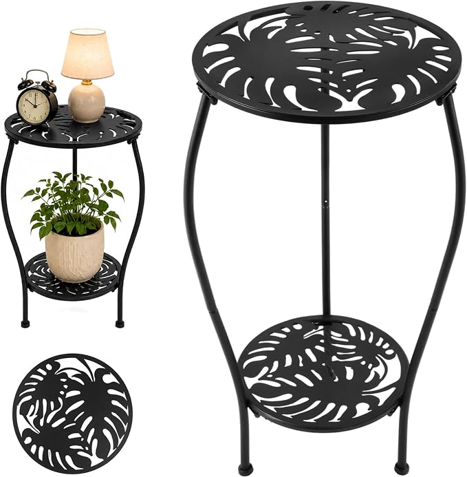 Party Zealot Two-Tiered 13 Inch Metal Round Side Tables Small Black Outside End Table for Patio Round Accent Garden Corner Stand for Small Spaces Weather-Resistant Outdoor Coffee Table for Balcony