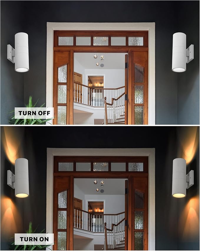 Ken & Ricky Cylinder Outdoor Wall Sconce Lights,Up and Down, White, 2 Pack | Aluminum Waterproof Outdoor Wall light,No Glare,Exterior Lighting Fixtures,E26 Base，For Porch House Garage Front Door Patio