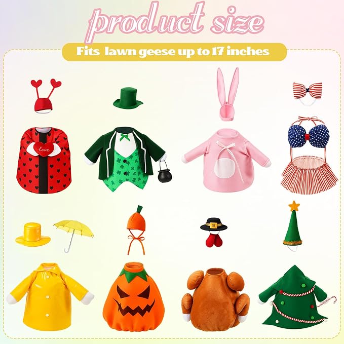 FuWeave 8 Set Holiday Porch Goose Outfits 17'' Goose Clothes Summer Fall Halloween Christmas Winter Thanksgiving Valentine St. Patrick Easter 4th of July Lawn Porch Geese Costume for Patio Yard Decor