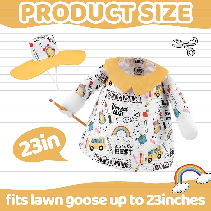 Outus Back to School Porch Goose Outfits Includes Notebook Doodle Shirt Yellow Sun Hat and Pencil Prop First Day of School Classroom Goose Clothing for Outdoor Garden Yard Patio Lawn 23" Statue