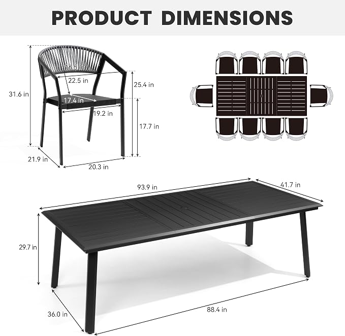 11-Piece Aluminum Patio Dining Set with Stackable Wicker Chairs | 94" Rectangular Outdoor Dining Table and Grey Barrel Chairs Weather Resistant Furniture for Backyard, Deck, Poolside