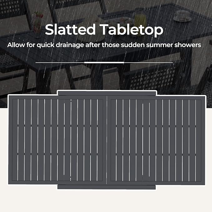 HAPPYGRILL Expandable Patio Dining Table Aluminum Outdoor Table for 4-6 Person with Slatted Tabletop, Square Rectangular Folding Patio Table for Porch, Lawn, Garden