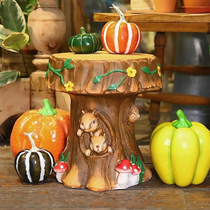12.6" Resin Squirrel Garden Chair, Indoor & Outdoor Accent Stool, Brown | Round Tree Stump Design w/ Squirrel Details, Weather-Resistant for Patio, Backyard, Terrace & Home Decor