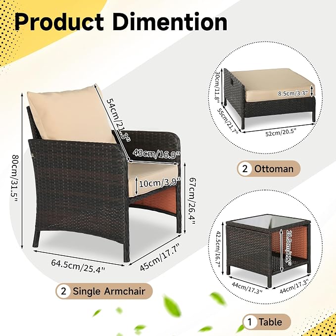 YLGJ&TIDY 5 Pieces Patio Furniture Set, Rattan Outdoor Lounge Chairs with Soft Cushions,Outdoor Wicker Patio Conversation Set with Hidden Ottoman and Coffee Table for Porch, Garden, Backyard (Khaki)