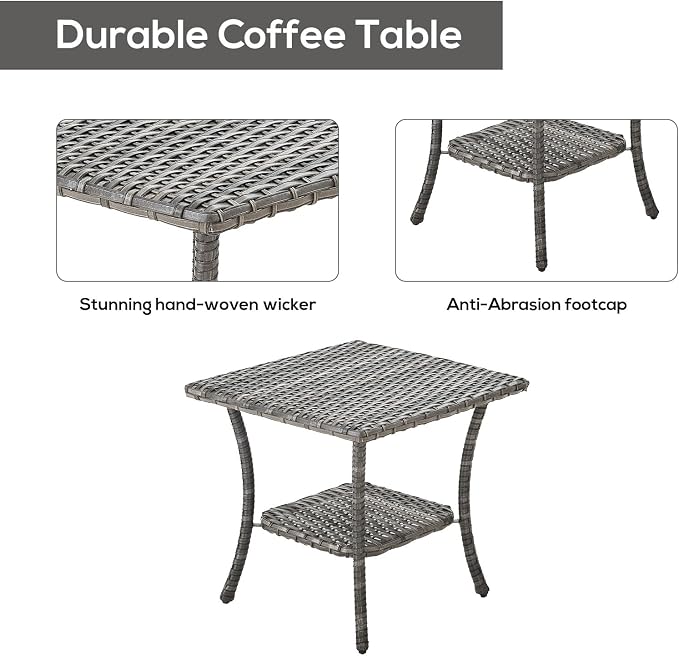 Patio Table Outdoor Side Tables - Wicker Coffee Table with 2-Shelf Storage Rattan End Table Square for Outdoor Patio Porch Deck Balcony Garden(Mixed Grey/Wicker Top)