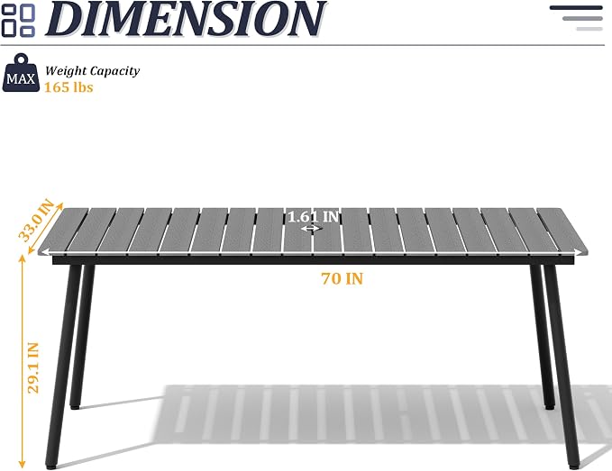 70" Patio Outdoor Dining Table for 6, Weather-Resistant Aluminum Frame with Wood-Grain Top & Umbrella Hole for Deck Gatherings, Gray