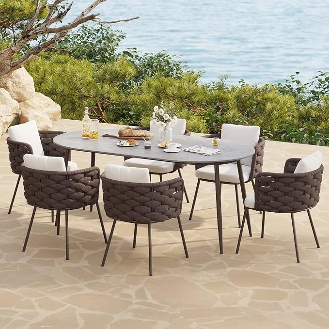 7-Piece Outdoor Dining Set - 70.9'' Sintered Stone Top Dining Table with 6 Rope Woven Armchairs, Aluminum Frame, and Cushions for Patio, Garden, and Outdoor Dining