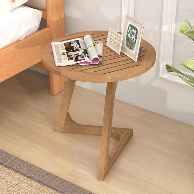 Giantex Teak Wood Outdoor Side Table Set of 2, Round Patio End Table with Slatted Tabletop, Waterproof Sofa and Couch Side Table for Porch, Poolside, Living Room, Small Spaces, Easy Assembly, Natural
