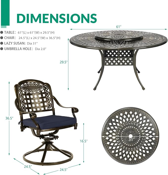 VIVIJASON 9-Piece Outdoor Furniture Dining Set, Rust-Free Cast Aluminum Patio Conversation Set, Include 8 Swivel Dining Chairs & 61" Round Dining Table with 31" Lazy Susan, Umbrella Hole, Navy Blue