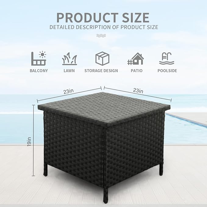 WAROOM Patio Side Table with Storage Resin Rattan Outdoor End Table Wicker Storage Table for Garden Backyard Porch Poolside, Black