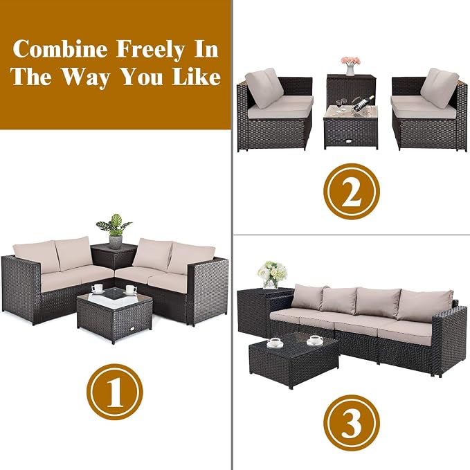 Tangkula 8 Piece Wicker Patio Set with Storage, All Weather-Proof Outdoor Conversation Set, with Loveseat, Glass Top Coffee Table & Storage Box, Suitable for Garden, Poolside, Sunroom (2, Brown)