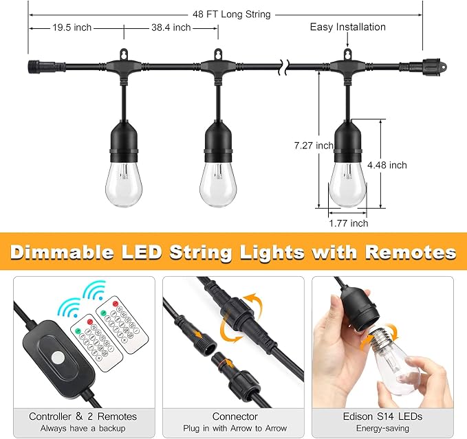 3 Color Outdoor LED Dimmable String Lights with Remote 48FT, Black | Plug in, Jump/Fade/Static Modes, 2700K/4000K/5000K, 15 S14 Bulbs, Shatterproof, Waterproof, Linkable, Backyard Patio Decor
