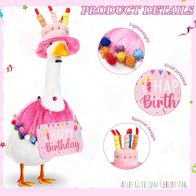Happy Birthday Porch Goose Outfit Lawn Goose Cloth Costume for 23" Cement Plastic Patio Yard Statue Outdoor(Pink,Tutu Skirt)