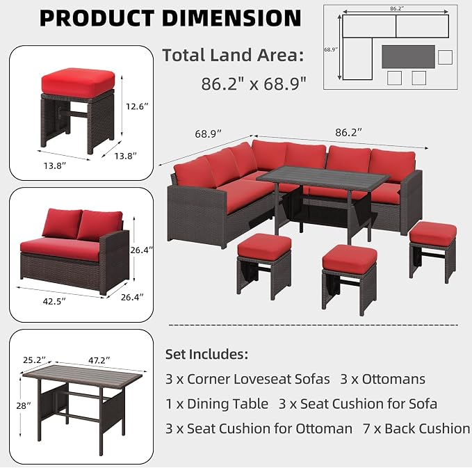 AECOJOY Outdoor Patio Furniture Set with Waterproof Cover, 7 Pieces Clearance Sectional Rattan Dining Table&Chairs, All Weather Wicker Conversation Sofa Couch, Red Cushions&Brown Rattan
