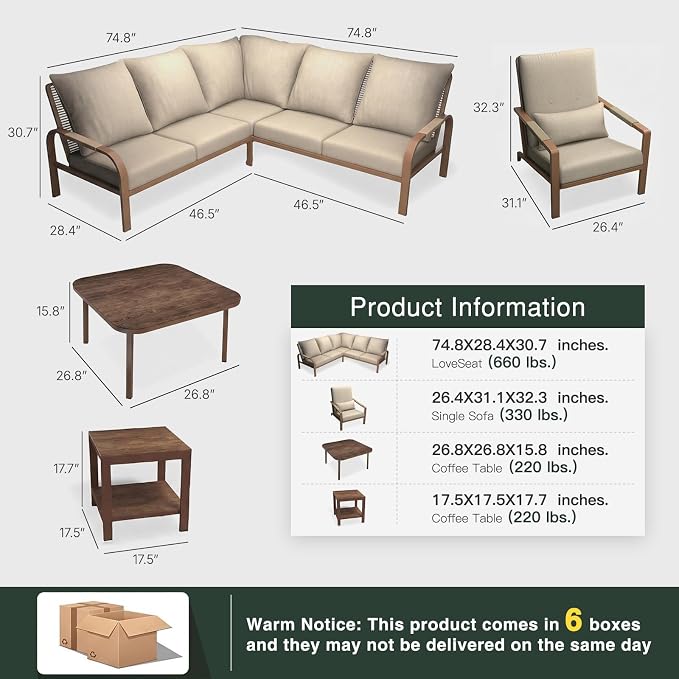 5-Piece Aluminum Patio Furniture Set, Outdoor L-Shaped Sectional Sofa with Coffee Table & Side Table, Patio 3-Piece Sofa Set, Thick Waterproof Cushions, Modern Outdoor Conversation Set, Gray