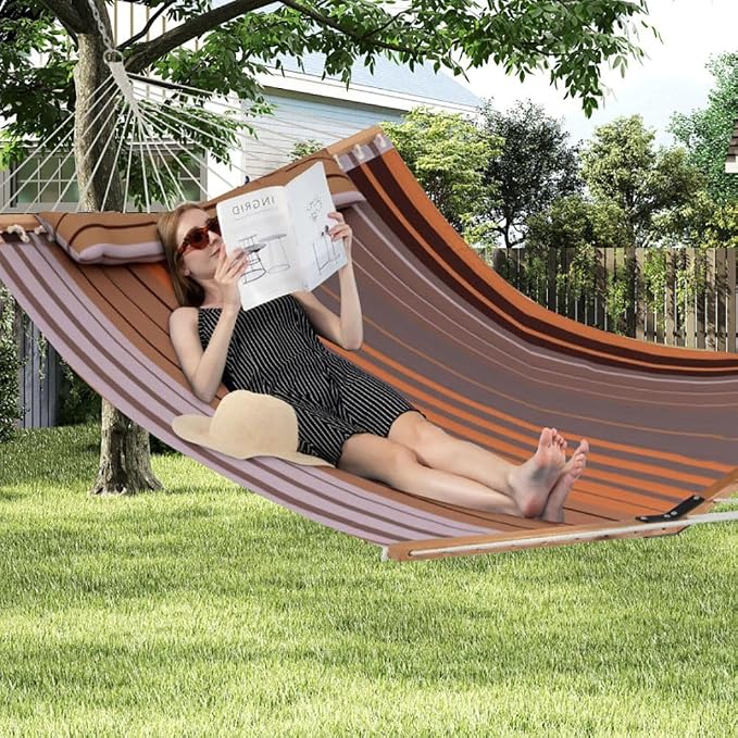Portable Brown Beech Wood Foldable Hammock with Detachable Pillow for Patio/Balcony 55.5x75in, 265lb Capacity Stylish
