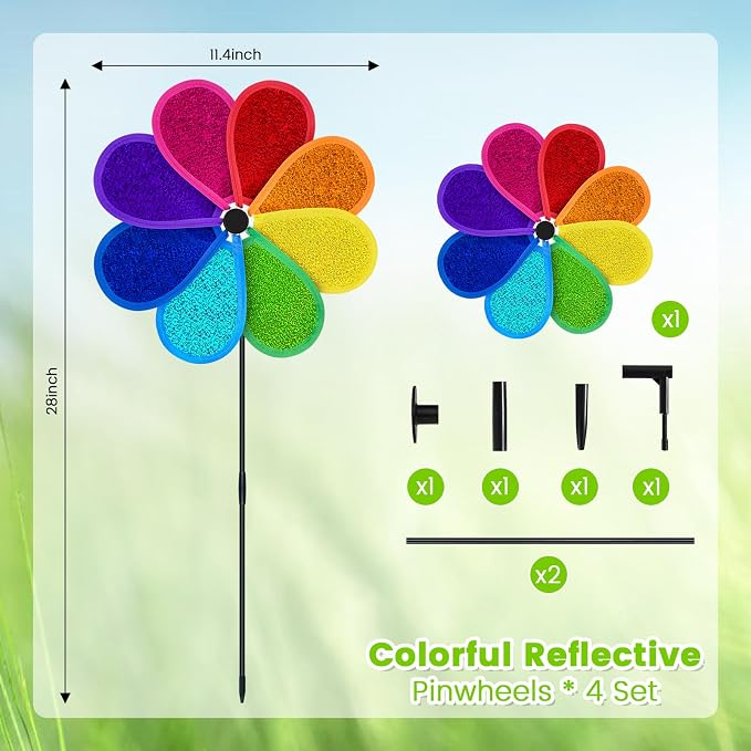 4 PCS 11.4" W x 28" H Reflective Pinwheels Sparkly Lawn Wind Spinners Colorful Rainbow Windmill for Garden Decoration Bird Devices Deterrent to Scare Birds Away（Multicolor）