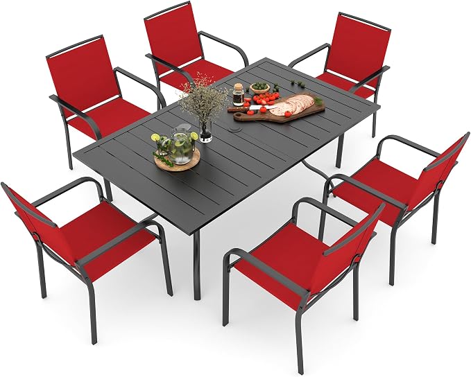 7 Piece Outdoor Red Stackable Chairs and 63"x38" Rectangle Dining Table Set | 6 Psc Stackable Chairs, Textilene Seat&Back, Metal Table, Slat Table Top, 6 Person Use, 1.57"-1.9" Umbrella Hole, All Weather