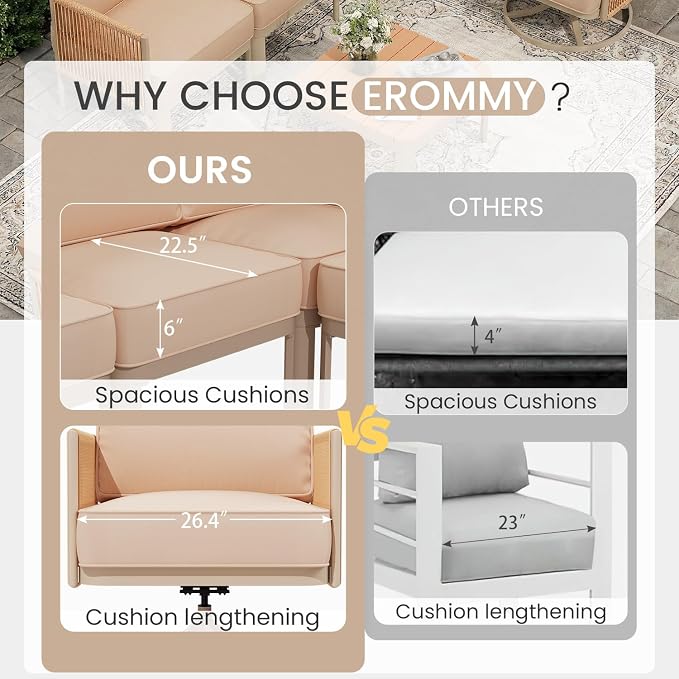 EROMMY 3 Pieces Patio Furniture Set, Metal Frame Outdoor Swivel Glider Rocking Chairs with 6" Thick Cushions & Metal Table, Patio Conversation Sets for Backyard, Poolside & Balcony, Beige