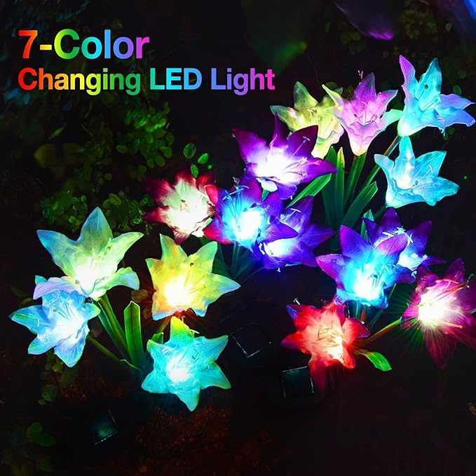 KOOPER Outdoor Solar Lights, 6 Pack Solar Garden Light with Bigger Lily Flowers, Waterproof 7 Color Changing Solar Lights Outdoor - Bigger Panel for Patio Yard Garden Decoration, Gift for Mom