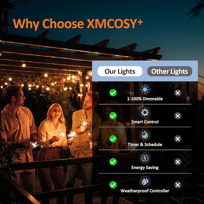XMCOSY+ Outdoor String Lights, Smart Patio Lights 100Ft Dimmable Outdoor Lights Warm White, 50 G40 LED Bulbs, WiFi String Lights for Outside, Work with Alexa, APP Control, Waterproof Extendable | Warm white dimmable globe bulbs, WiFi & APP control, wor...