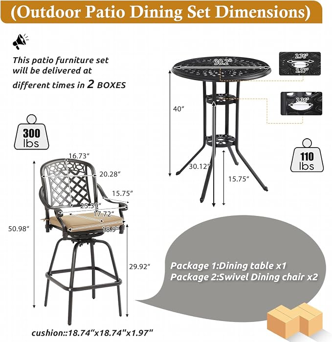 3-Piece Cast Aluminum Patio Bar Set, Outdoor Round High Top Table & 2 Swivel Bar Chairs with Cushions, All-Weather Bistro Table and Chairs Set for Patio, Lawn & Garden (1 Table +2 Swivel Chairs)