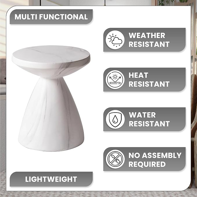 LeisureMod Modern Side Table Lightweight Fiberstone Top 20" Round Accent Table and Hourglass Pedestal Base for Outdoor or Indoor Dune Series in White