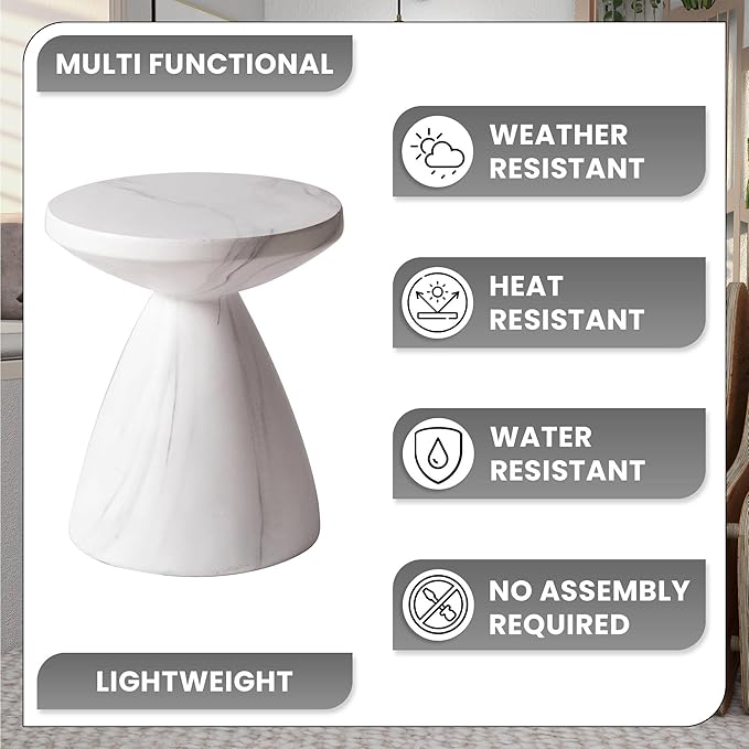 LeisureMod Modern Side Lightweight Fiberstone Top 20” Round Accent Table and Hourglass Pedestal Base for Outdoor, Home, Living Room Dune Series in Marble White
