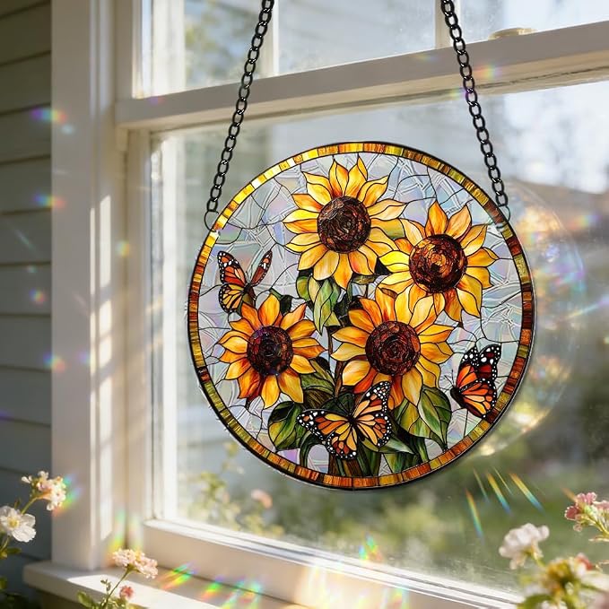 Acrylic Suncatcher, Sun Catchers Indoor Window Decor, 7.87 inch | Sunflower & Butterfly Acrylic Rainbow Suncatchers for Window Hanging, Mothers Day, Birthdays, Housewarming Gifts for Women