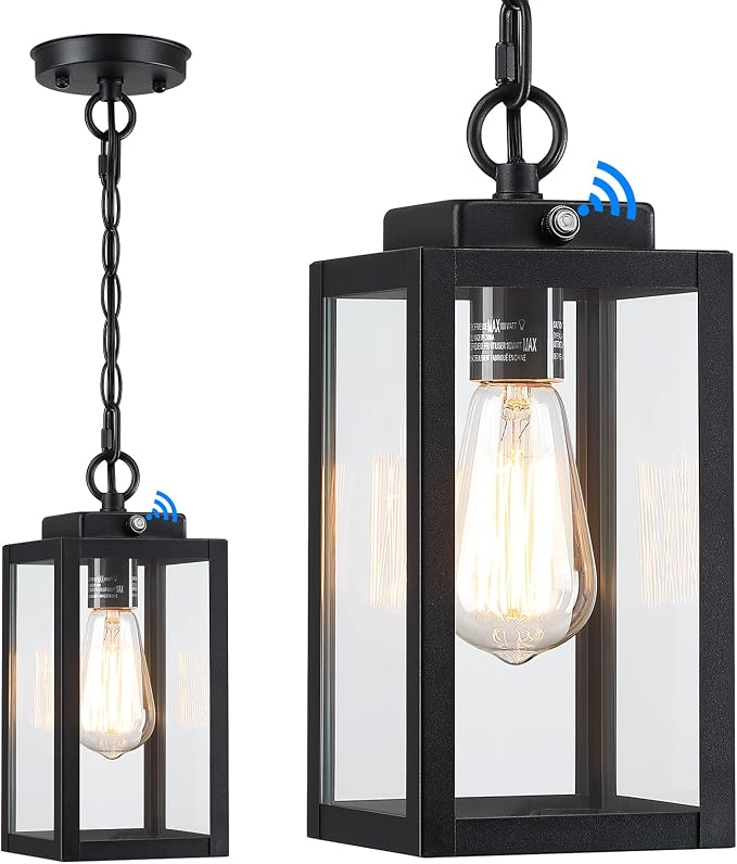 11'' Dusk to Dawn Outdoor Pendant Light, Outside Chandelier Lantern, Black | Modern Hanging Porch Light with Clear Glass, Exterior Pendant Lighting Fixture for Porch, Yard, Entryway, 1 Pack (Small)