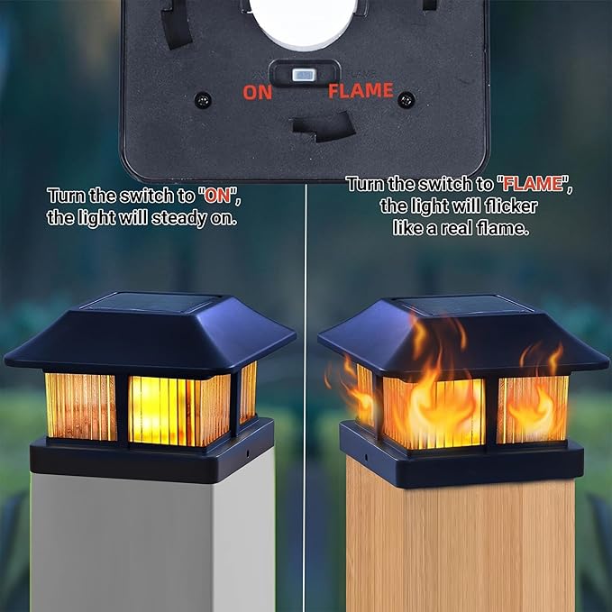 Dynaming Solar Flame Post Cap Lights Outdoor, Solar Powered Fence Post Light, Flickering Flame LED Lantern Lamps Waterproof for Garden Deck Patio, Fit 4x4 Wooden/Vinyl Posts, 6 Pack