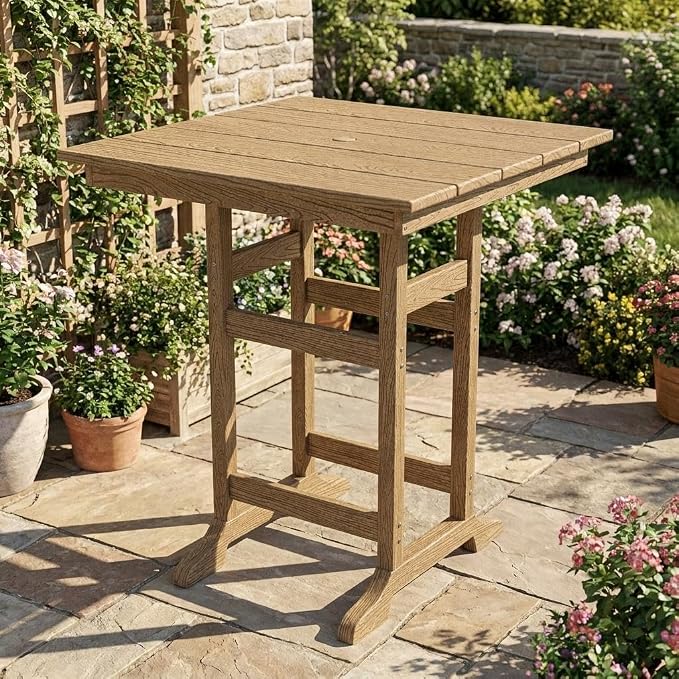 Takywep 31.5" Square HDPE Wood Grain Outdoor Bar Table, 39.6" High Weatherproof Pub Table for Patio and Poolside, Tall Bistro Table with 300 Lb Weight Capacity and Umbrella Hole, Brown