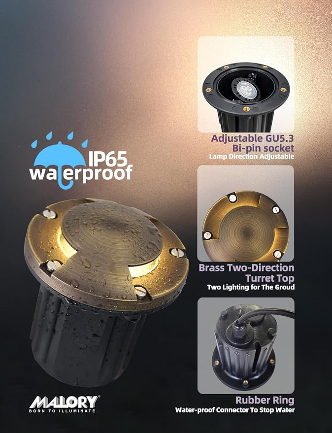 MALORY Brass Top Cover Landscape Well Lights,(φ126 mm) 12V Low Voltage Outdoor In Ground Lights,Landscape Lighting for Pathway, Driveway and Garden (Two-Direction Turret, 1-Pack with Bulb)