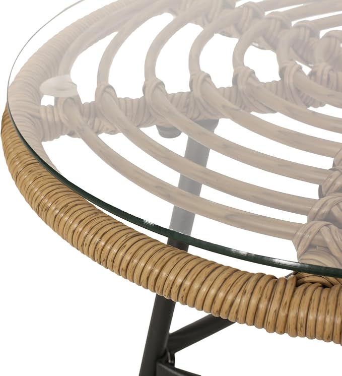 Rattan Outdoor Side Table with Tempered Glass Tabletop, Weather-Resistant Patio End Table, Stable Steel Frame for Balcony, Porch, Deck, Natural