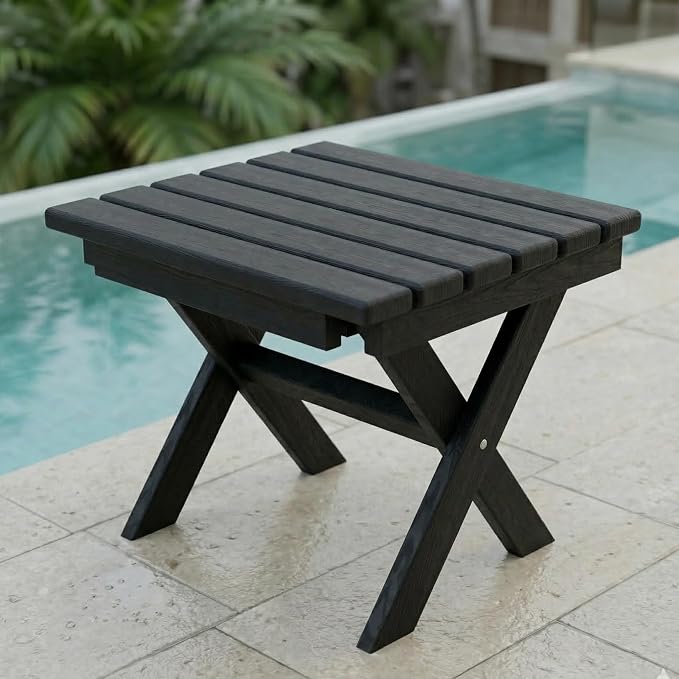 Outdoor Folding Side Table,HDPE Material, Portable Space-Saving Design, Weather-Ready with Authentic Wood-Grain Feel (Black, 1 Table)