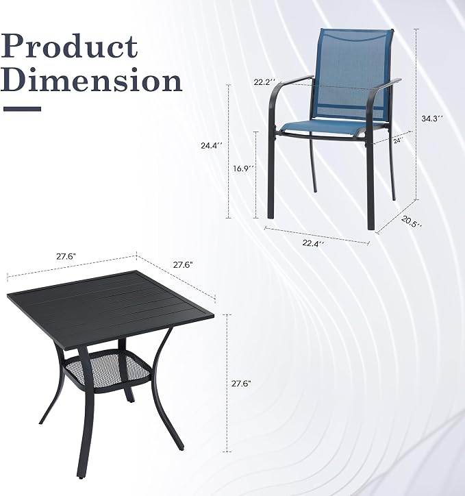 3 Pieces Outdoor Dining Set, Stackable Textilene Paito Chairs & 27.5" Square Dining Table with Shelf, Patio Dining Set for Backyard, Deck, Garden, Dark Blue & Black