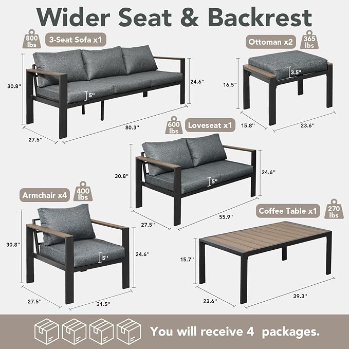 Outdoor Patio Furniture Set 9 Pieces Luxury Aluminum Patio Conversation Set with Coffee Table and 2 Ottoman 11 Seats, Thick Cushions, Large Sectional Sofa for Porch, Balcony, Deck, Yard, Gray