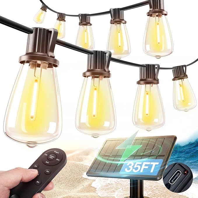 addlon 35FT Solar String Lights Outdoor Waterproof with Remote & USB Port | 10+1 LED Shatterproof Bulbs, Dimmable Solar Light Outdoor for Camping Backyard Bistro Porch
