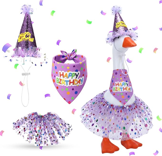 Porch Goose Outfits, Birthday Goose Outfits with Glitter Tutu Skirt, Birthday Hat and Bandana Valentine Porch Gooses Outfit for 23" 17" Outdoor Statue Patio Yard Lawn Art(Purple)