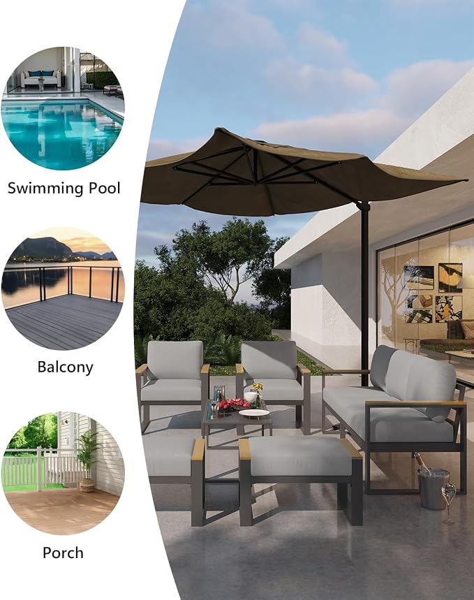 Garvee Aluminum Outdoor Patio Furniture Set with Coffee Table | 5 Piece Patio Conversation Sets with Washable Thick Cushions, Outdoor Sectional Furniture Set for Porch, Balcony, Deck, Yard,